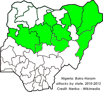 Map of Nigerian states attacked by Boko Haram from 2010-2013. An ongoing state of emergency exists across three northern states. (Credit: Nerika - Wikimedia)