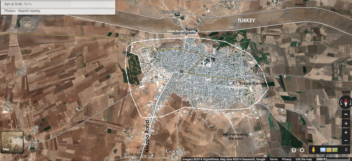 Labeled overhead map of Kobani / Ayn Al-Arab, Syria, October 5, 2014. Click map to enlarge or click here to navigate in Google Maps.