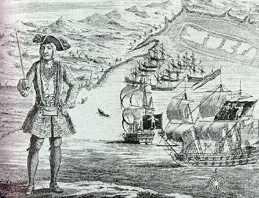 Dramatic engraving of Pirate captain Bartholomew "Black Bart" Roberts following the capture of 11 ships outside the Portuguese Fort at Ouidah. Engraved by Benjamin Cole.