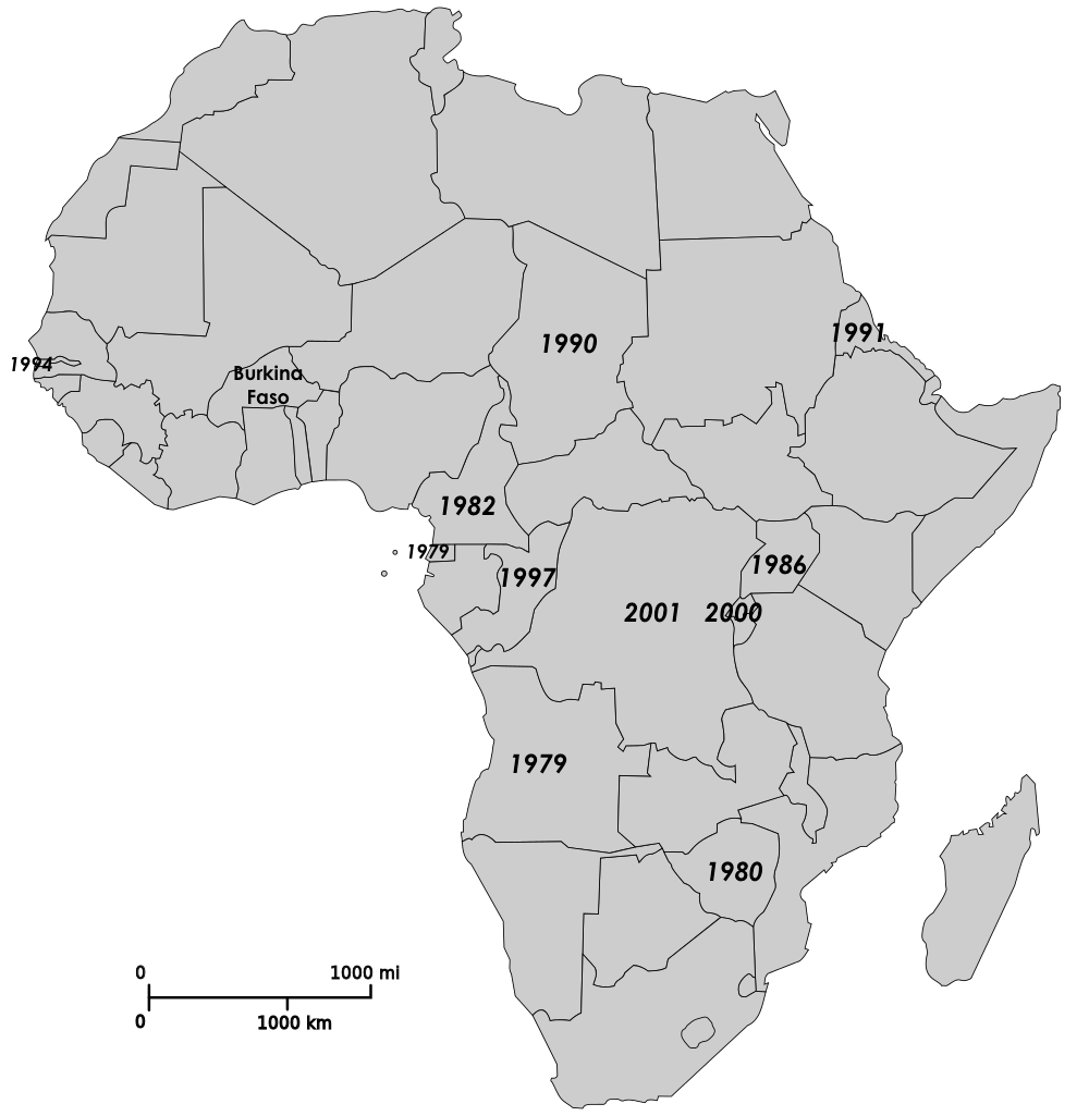 A partial map of the years that Sub-Saharan African strongmen took office, in relation to Blaise Compaoré's 1987 coup in Burkina Faso. (Map labels by Arsenal For Democracy.)
