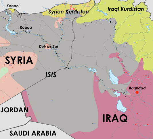 Map of estimated ISIS control in western Iraq and eastern Syria on February 3, 2015, relative to Jordan and Saudi Arabia borders. Adapted by ArsenalForDemocracy.com from Wikimedia.