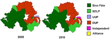 Map of UK general election results in Northern Ireland by constituency for 2005 and 2010 (via Wikipedia). NI Sinn Féin does not occupy its seats under current policy, due to opposition to the union's control of Northern Ireland.