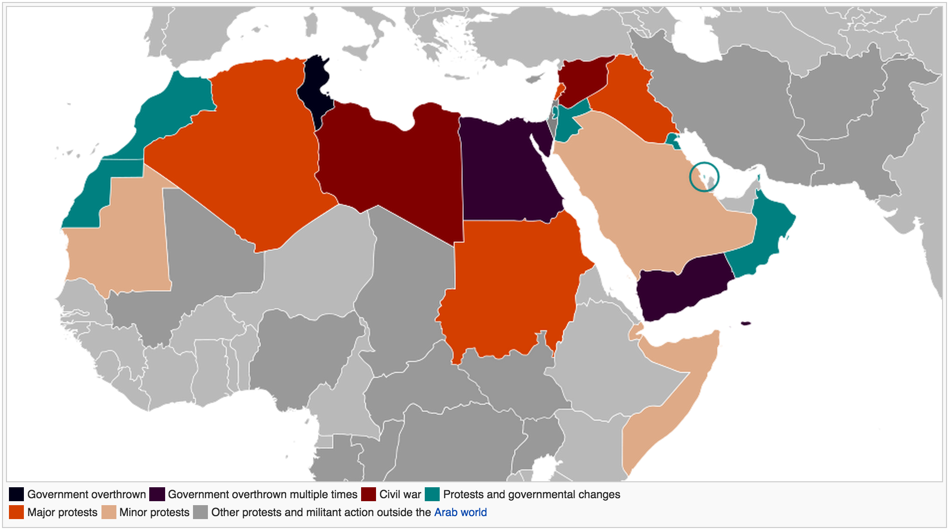 Status and outcomes of Arab Spring uprisings as of February 2015. Map by Ian Remsen for Wikimedia.