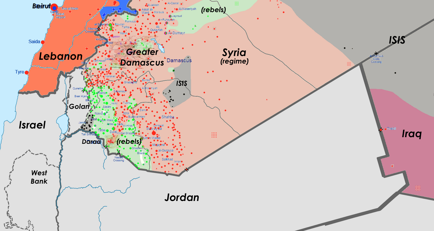 Click to enlarge: Detailed conflict map of Southern Syria, July 1, 2015, including Daraa. Red = Syrian regime. Green = FSA/Nusra rebels. Blue = Hezbollah. Dark Gray = ISIS. (Adapted by Arsenal For Democracy from Wikimedia)