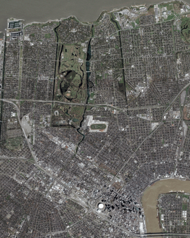 (Image Credit: Vybr8 / Wikipedia) Caption: A merged derivative of two satellite photos of New Orleans. One was taken on March 9, 2004 and another on August 31, 2005 in the aftermath of Hurricane Katrina. The middle frame of the three-image gif is a fabricated blend of the two source images.